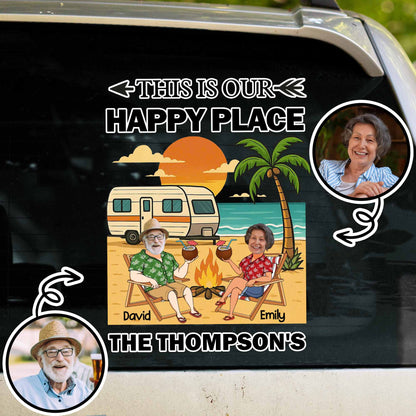 This Is Our Happy Place, Palm Trees, Camper Van, Campfire, Beach - Personalized Decor Decal - CPL393_STIK