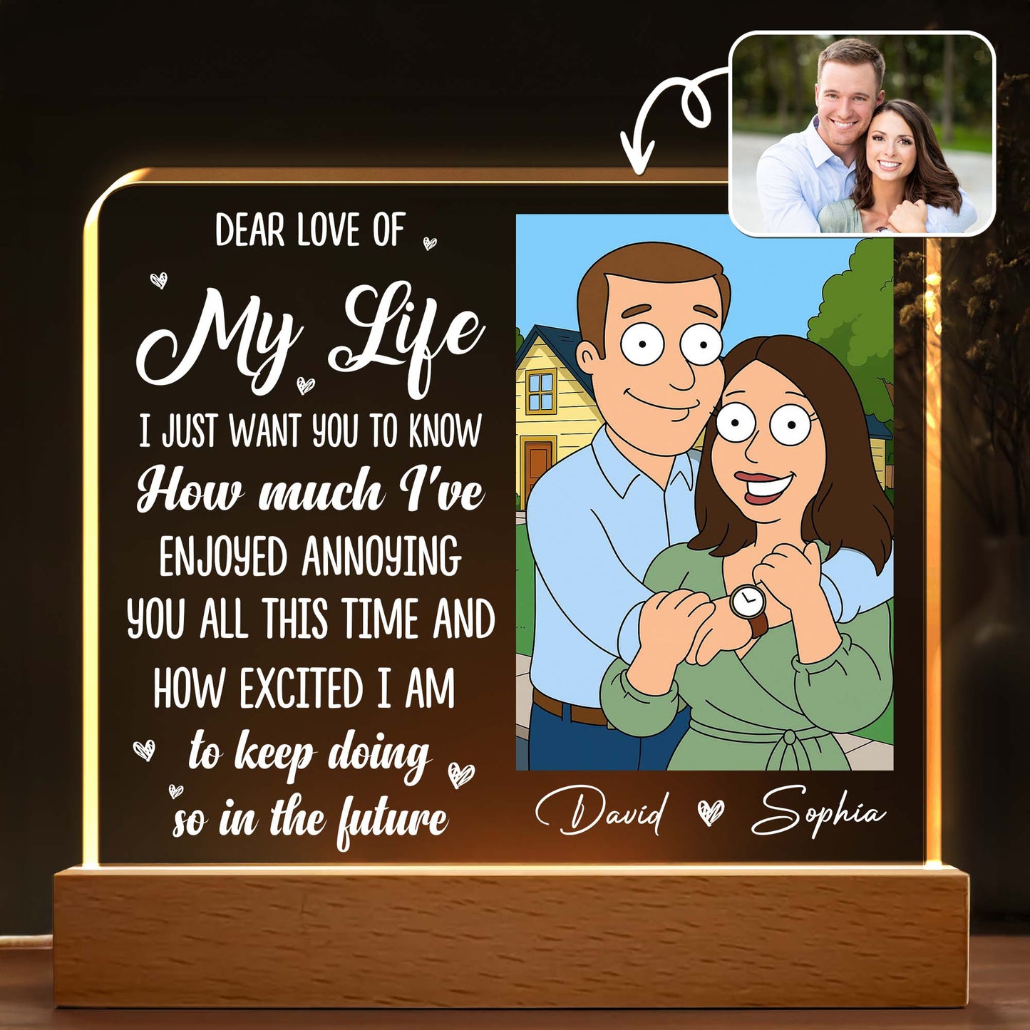 Querido amor de mi vida, disfruto molestándote, pareja - Luz nocturna LED personalizada con base de madera - CPL396_LEWO