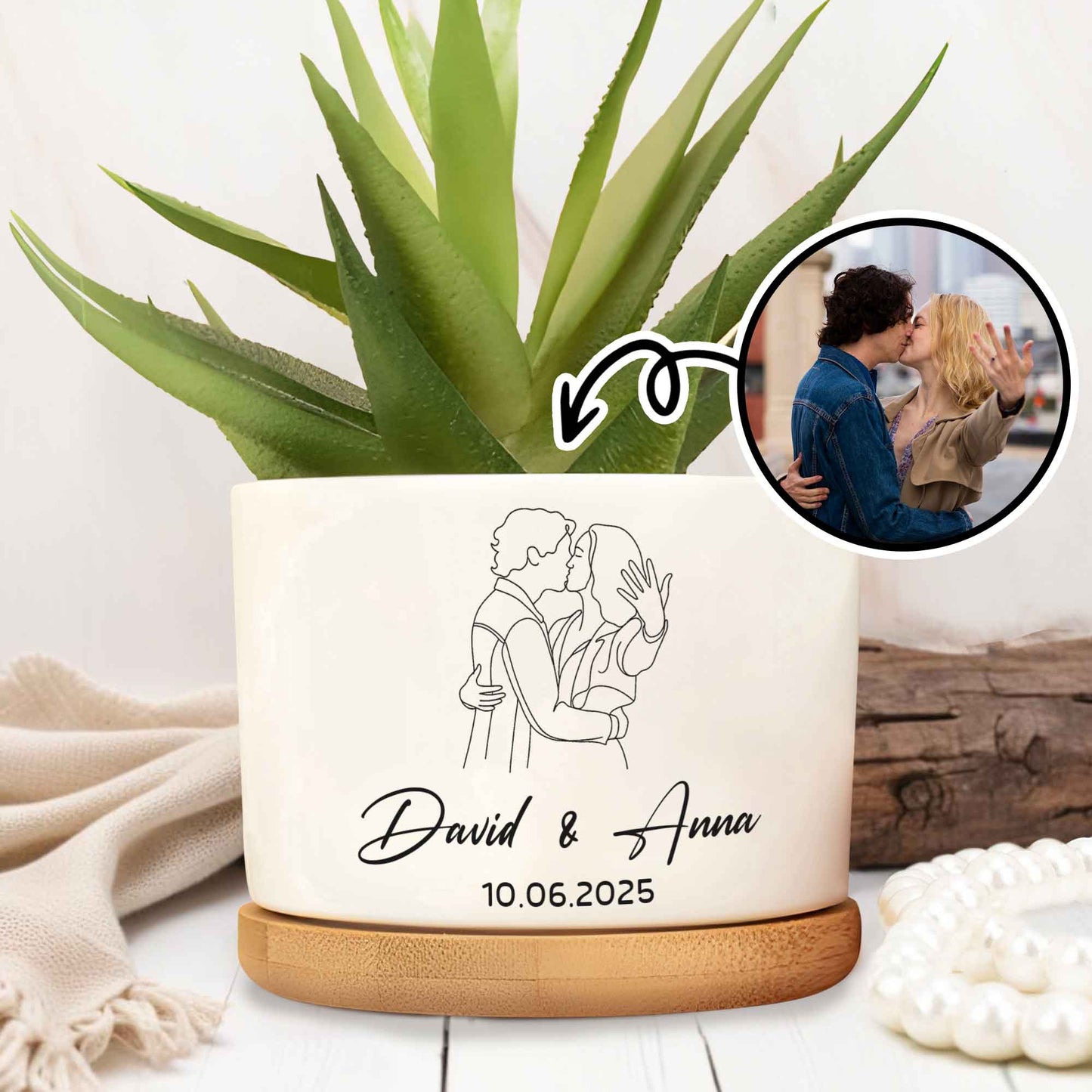 Personalize With Names And Date, Couple Embracing - Personalized Ceramic Plant Pot - CPL403_CEP