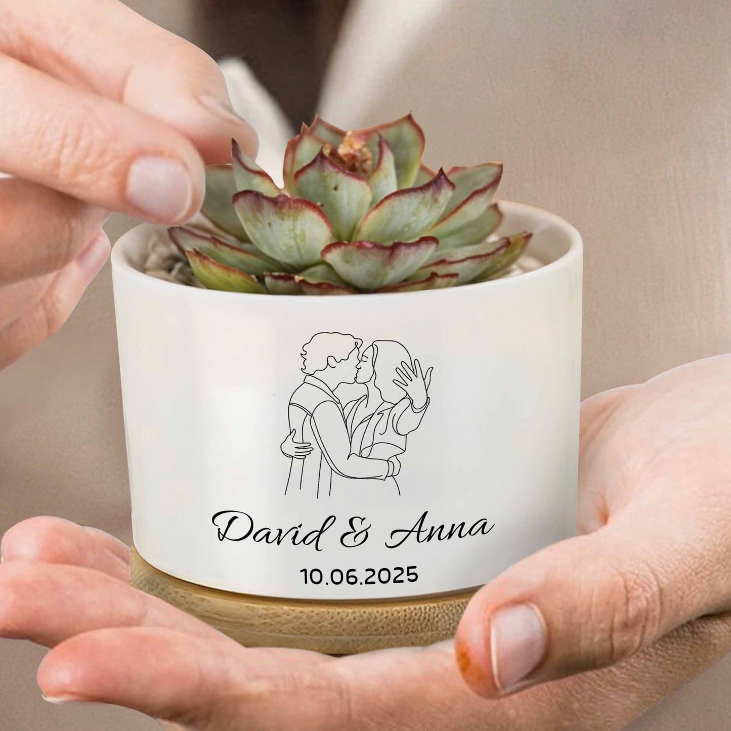 Personalize With Names And Date, Couple Embracing - Personalized Ceramic Plant Pot - CPL403_CEP