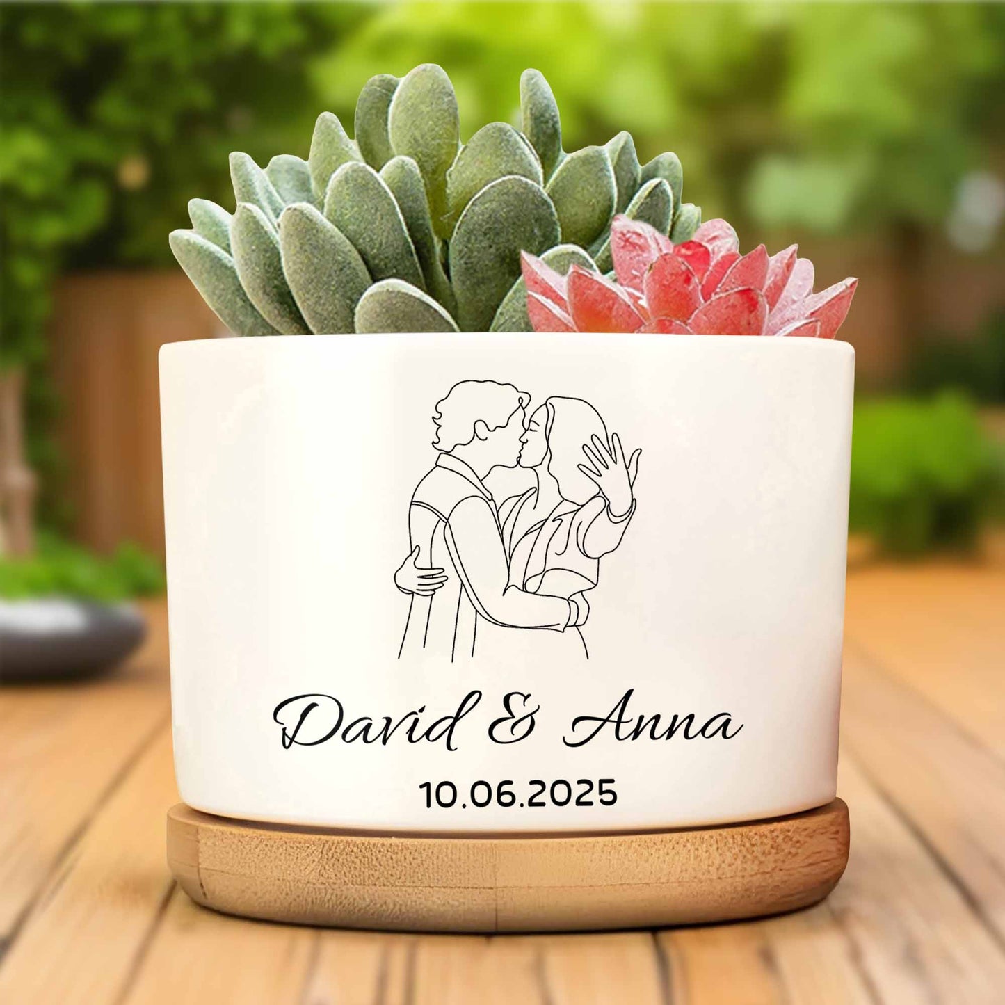 Personalize With Names And Date, Couple Embracing - Personalized Ceramic Plant Pot - CPL403_CEP