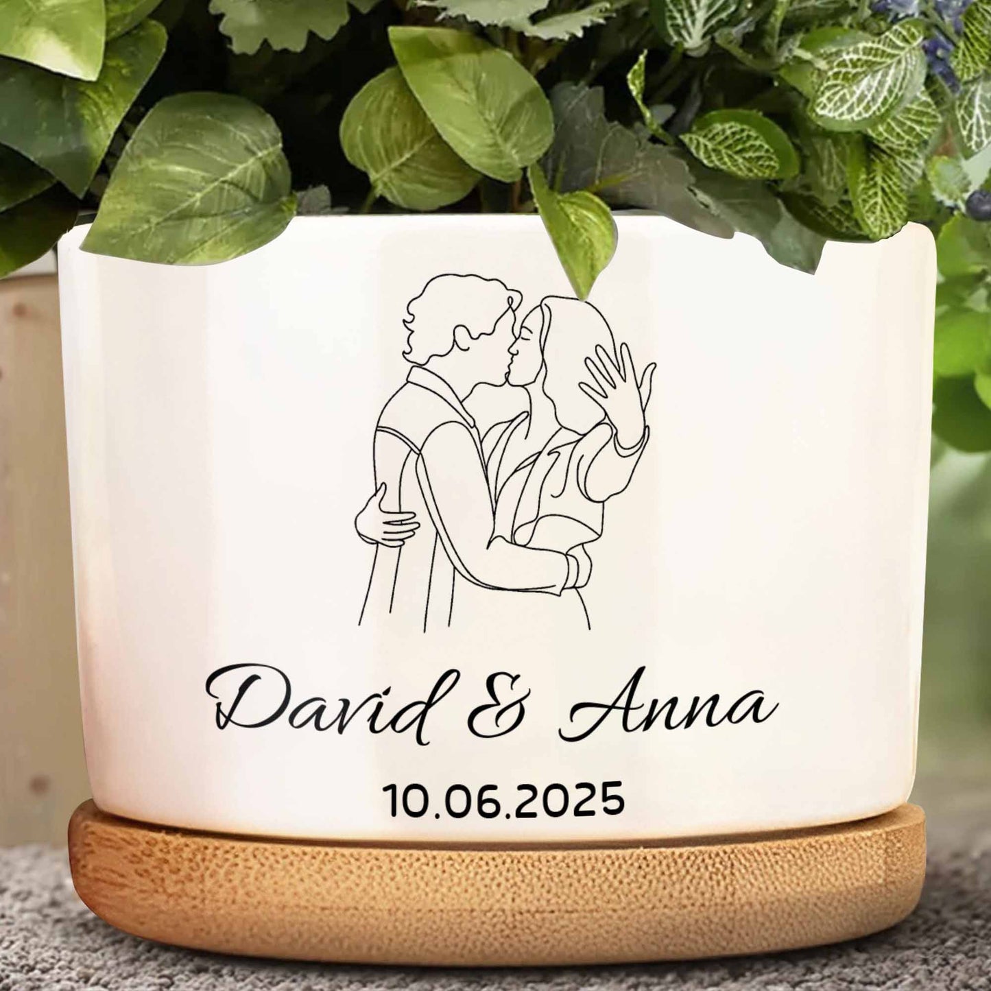 Personalize With Names And Date, Couple Embracing - Personalized Ceramic Plant Pot - CPL403_CEP