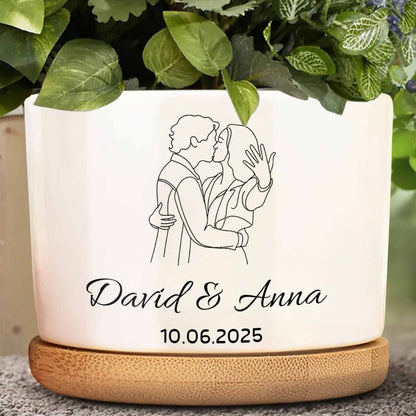 Personalize With Names And Date, Couple Embracing - Personalized Ceramic Plant Pot - CPL403_CEP