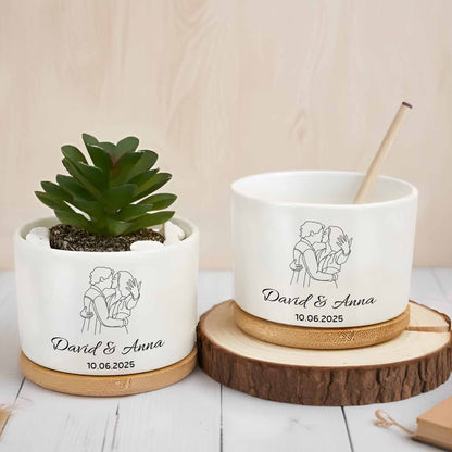 Personalize With Names And Date, Couple Embracing - Personalized Ceramic Plant Pot - CPL403_CEP