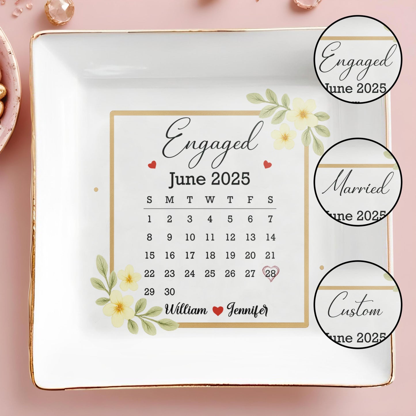 Engaged Perfect Reminder Of Your Special Day With Flowers - Personalized Custom Jewelry Dish, Square Ceramic Dish - CPL417_SCRD