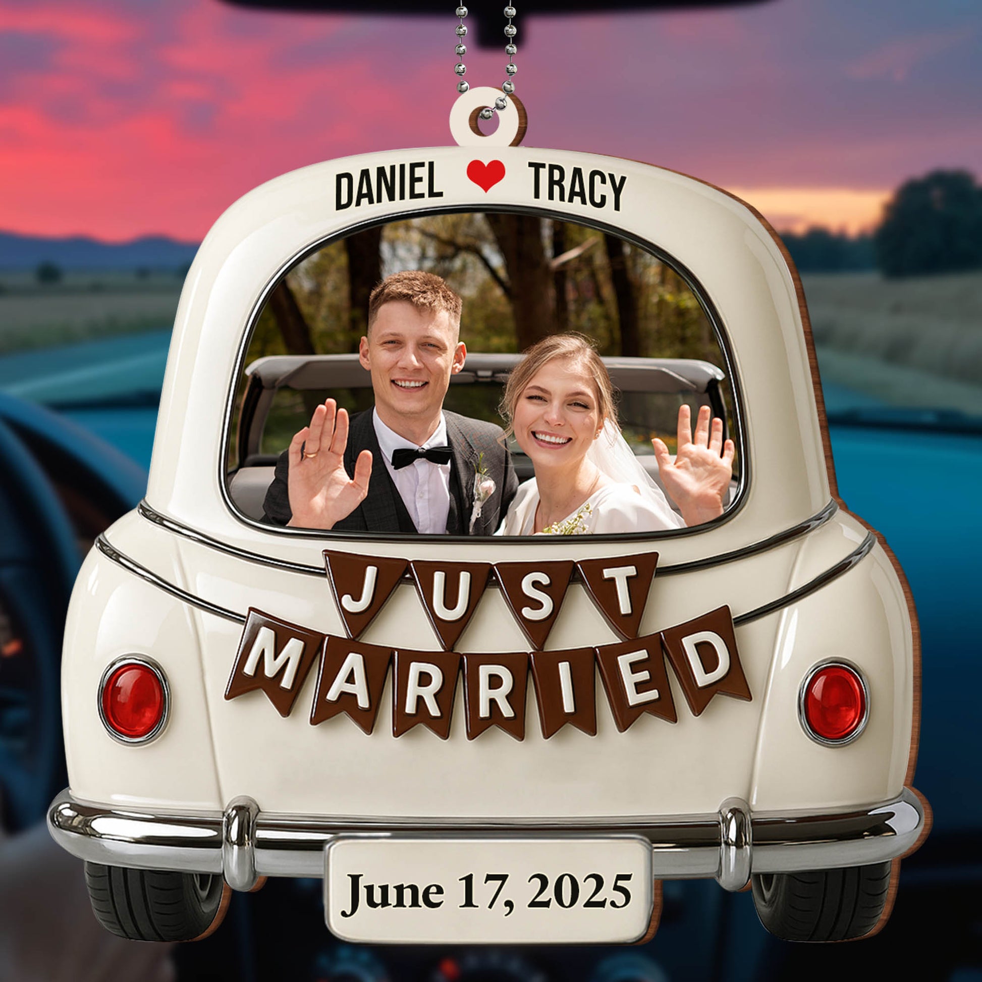 Just Married, Car And Heart Hanging Ornament