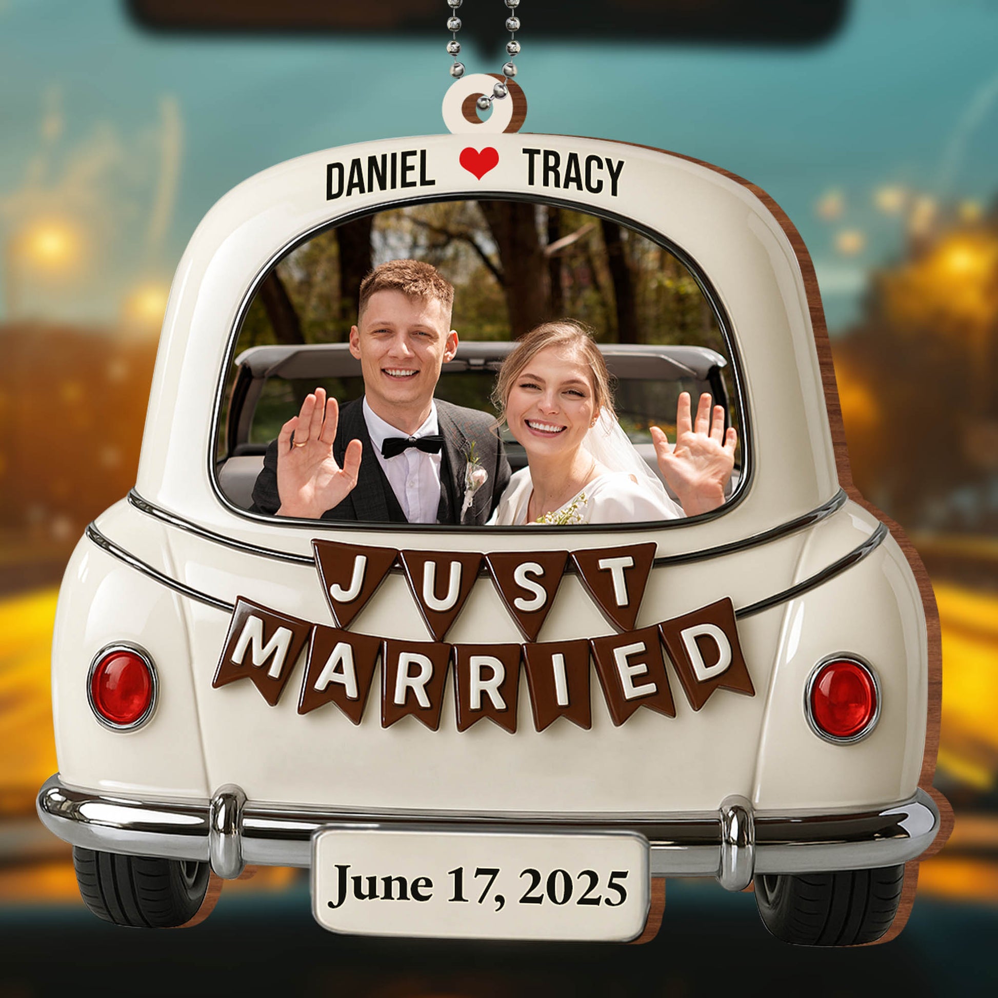 Just Married, Car And Heart Hanging Ornament