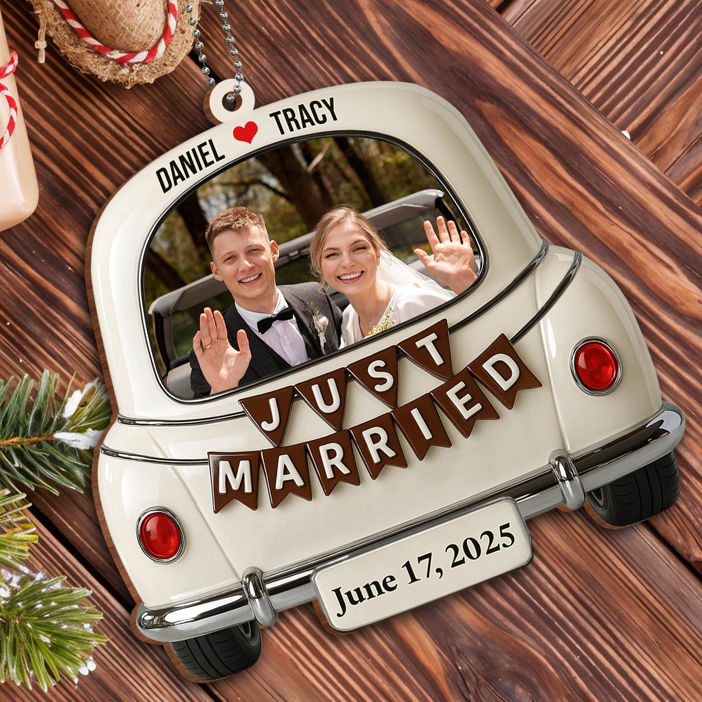Just Married, Car And Heart Hanging Ornament