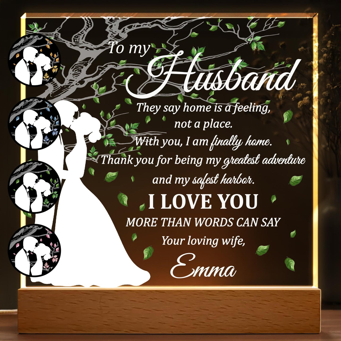 To My Husband, Home Is A Feeling, With Tree And Leaves Design