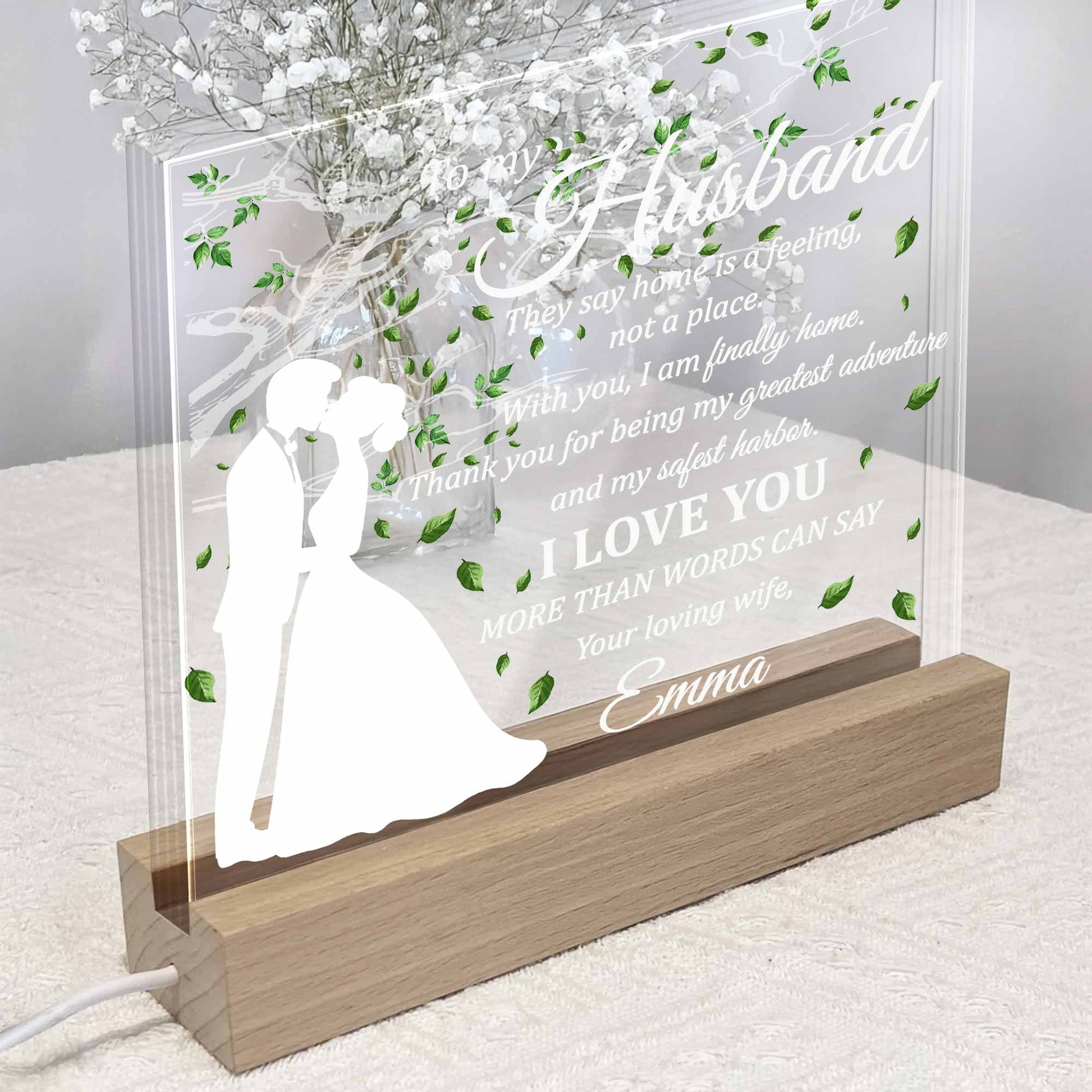 To My Husband, Home Is A Feeling, With Tree And Leaves Design