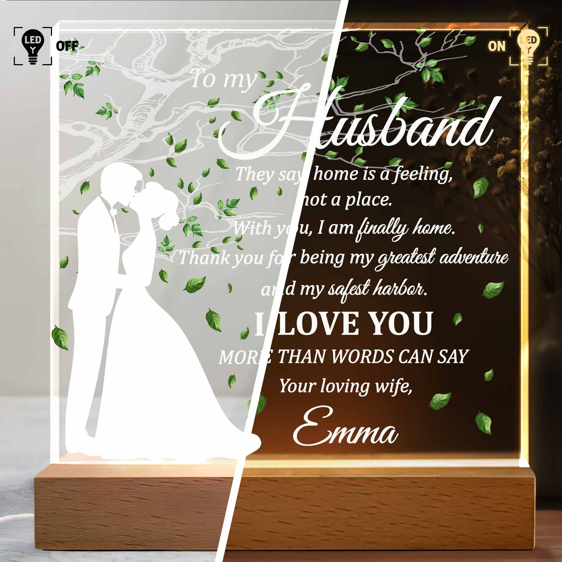 To My Husband, Home Is A Feeling, With Tree And Leaves Design