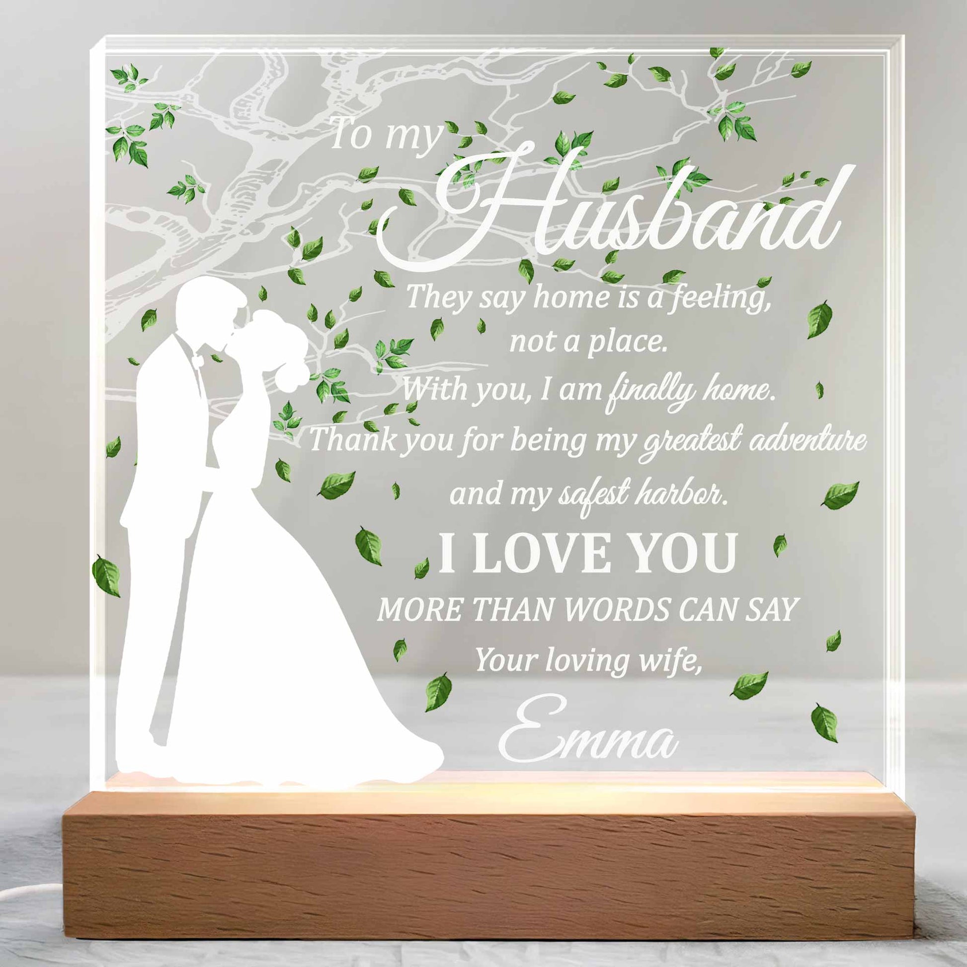 To My Husband, Home Is A Feeling, With Tree And Leaves Design