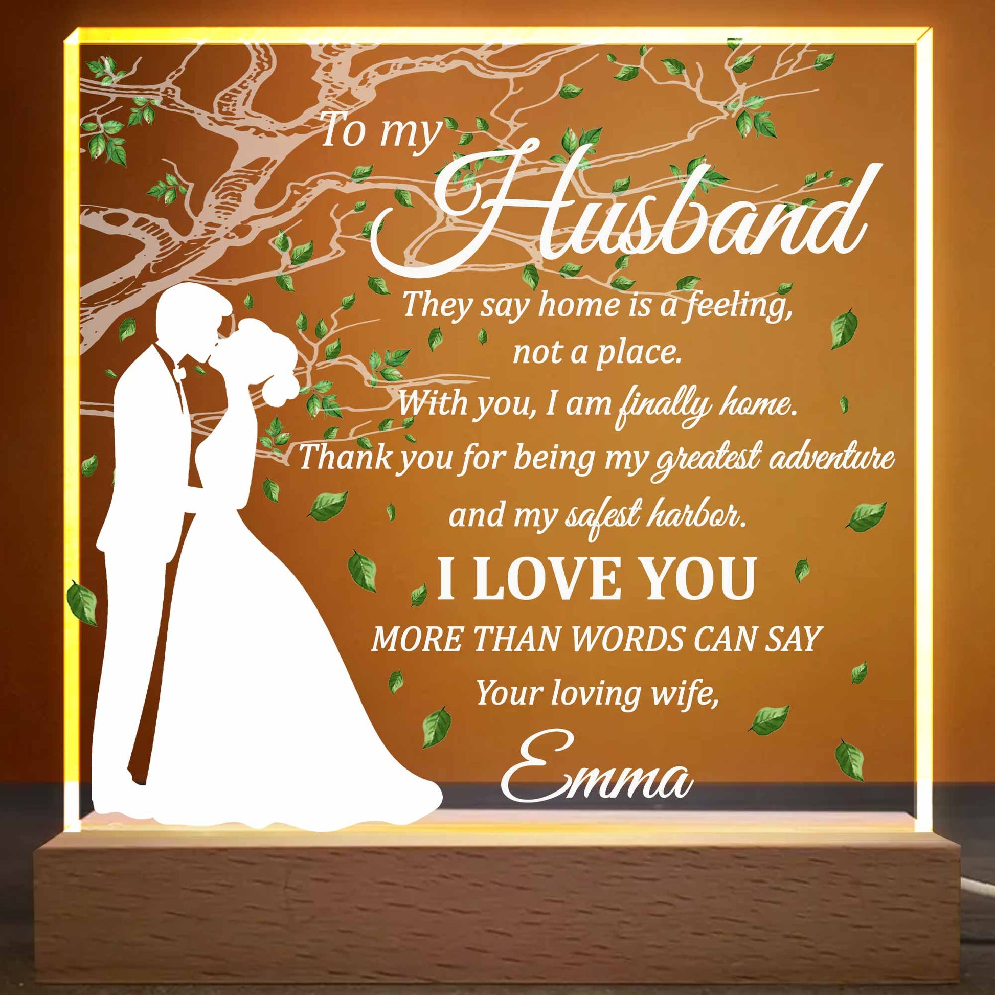 To My Husband, Home Is A Feeling, With Tree And Leaves Design