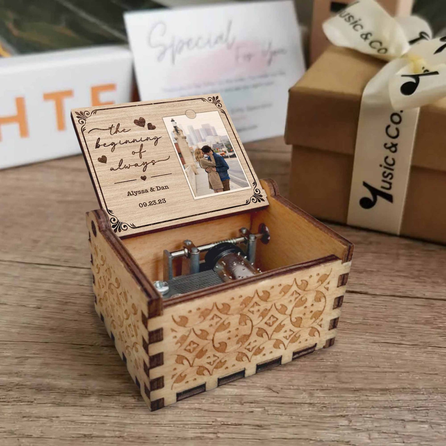 The Beginning Of Always, Hearts And Scrolls - Custom Music Box With "You Are My Sunshine" Tune - CPL443_MZB