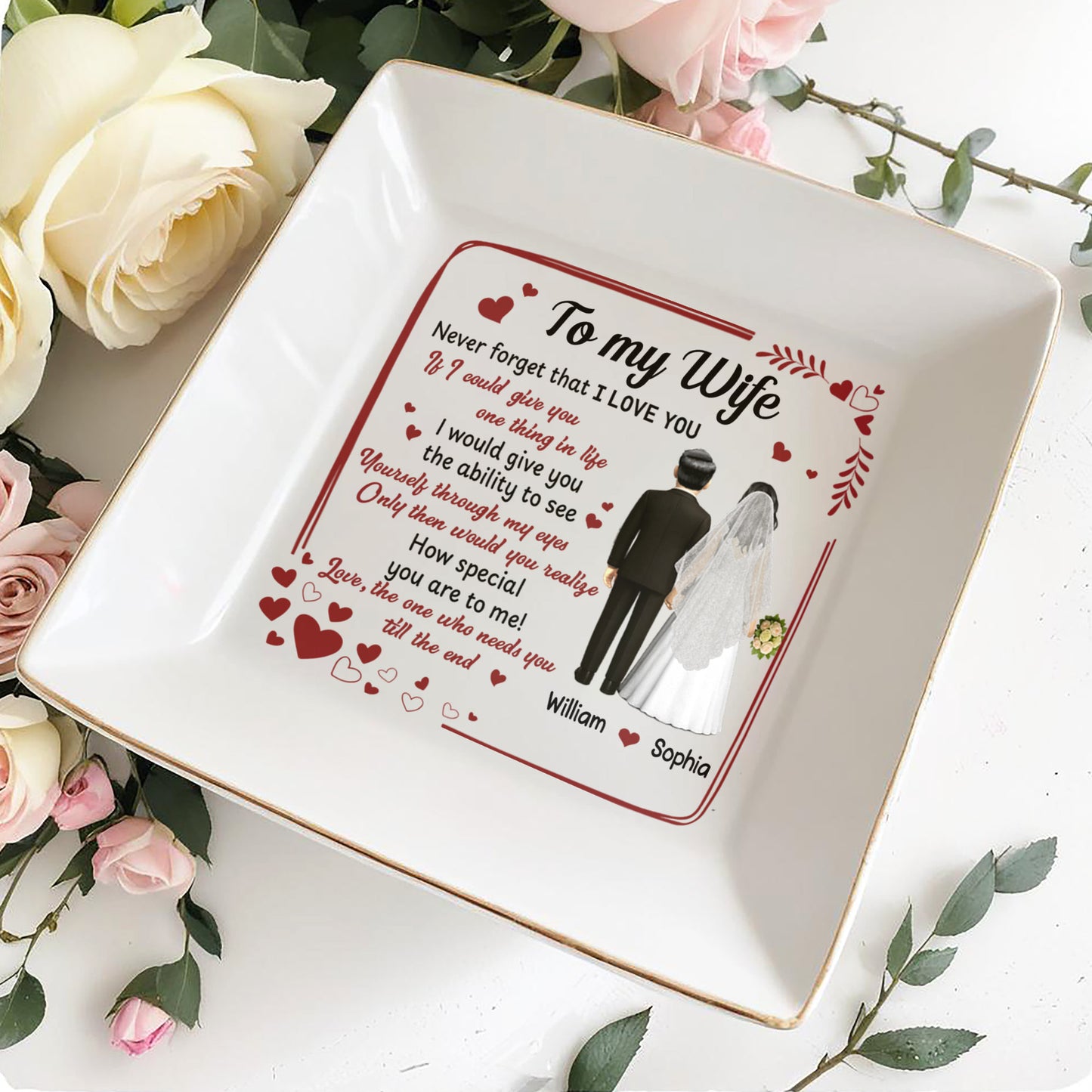 Para mi esposa, nunca olvides que te amo, corazones, pareja de novios - Plato de joyería personalizado, plato cuadrado de cerámica - CPL444_SCRD