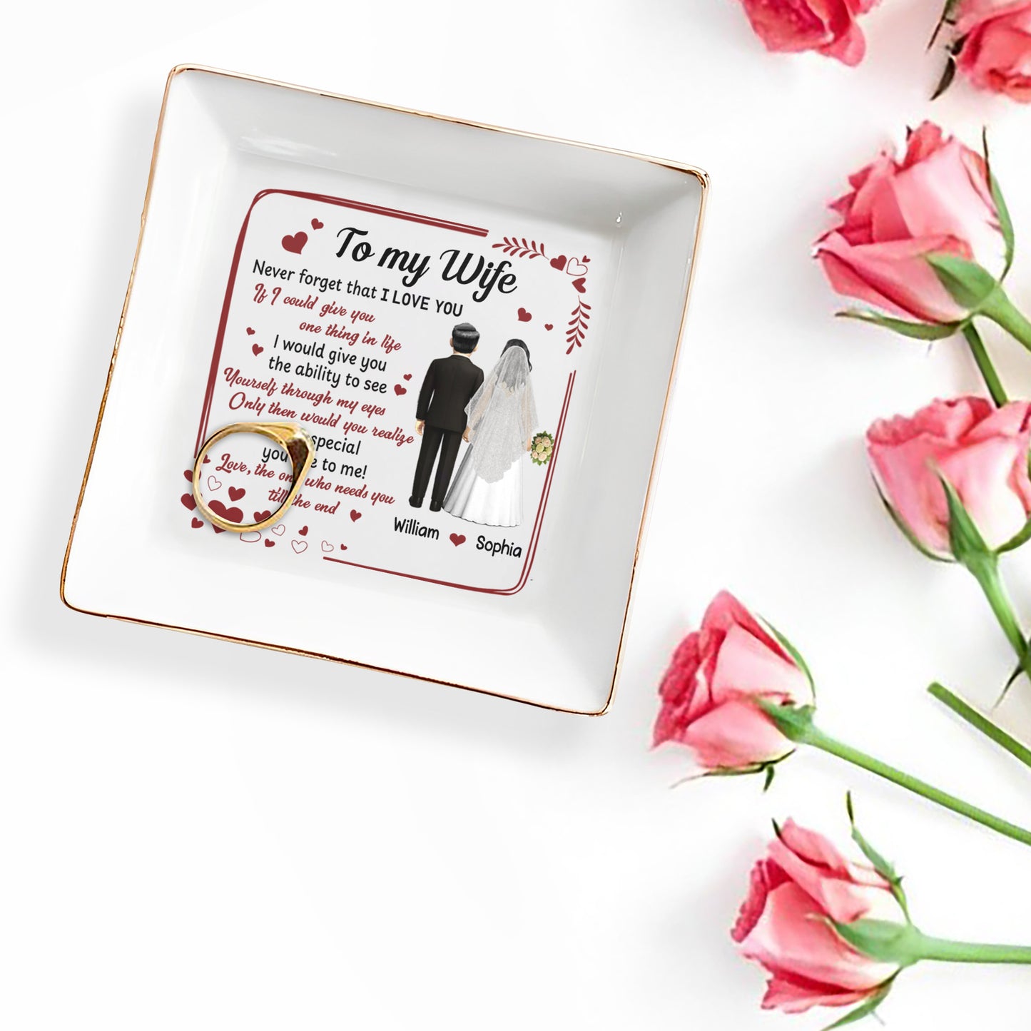 Para mi esposa, nunca olvides que te amo, corazones, pareja de novios - Plato de joyería personalizado, plato cuadrado de cerámica - CPL444_SCRD