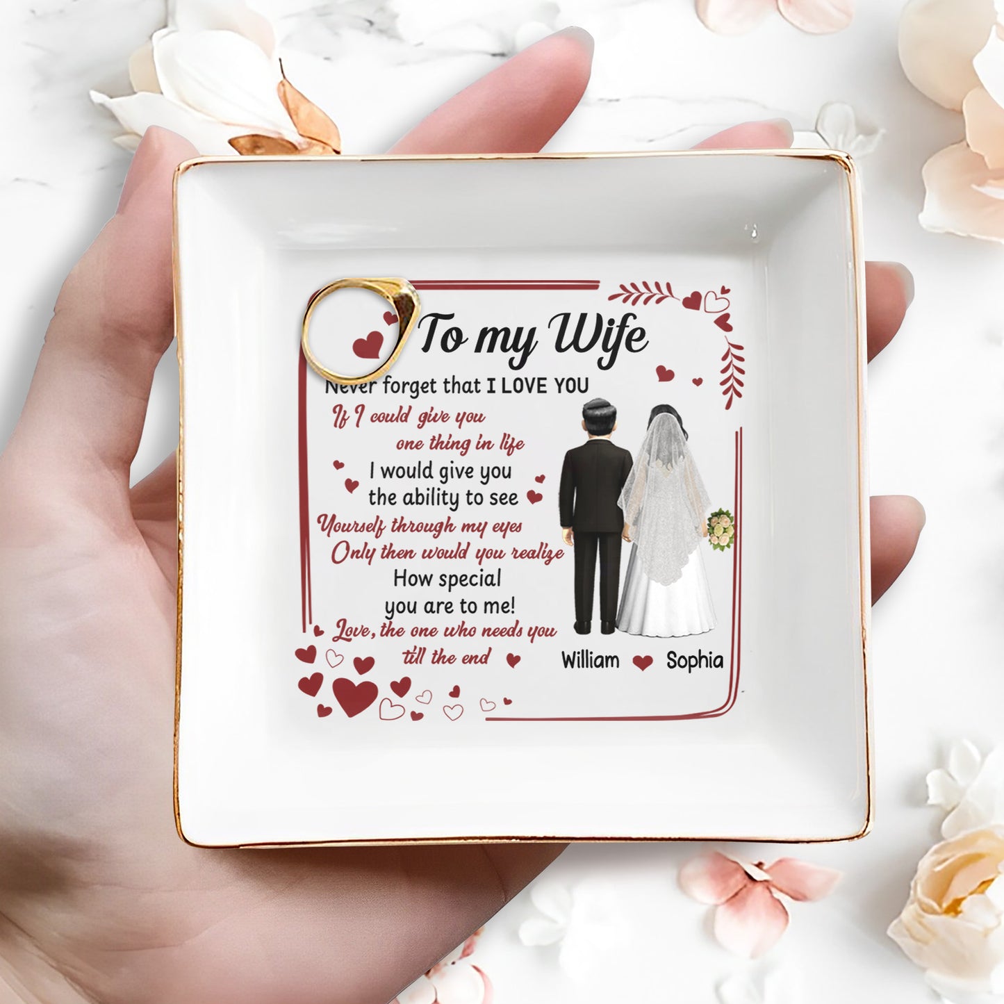 Para mi esposa, nunca olvides que te amo, corazones, pareja de novios - Plato de joyería personalizado, plato cuadrado de cerámica - CPL444_SCRD