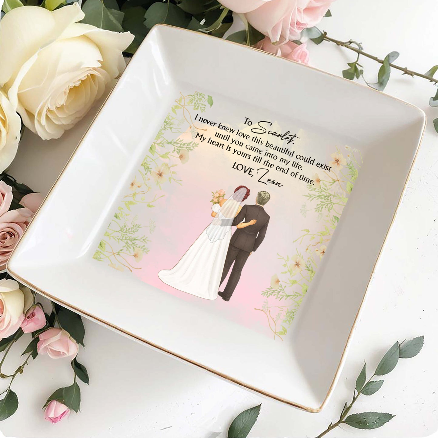 Love This Beautiful, Wedding Couple and Flowers - Personalized Custom Jewelry Dish, Square Ceramic Dish - CPL463_SCRD