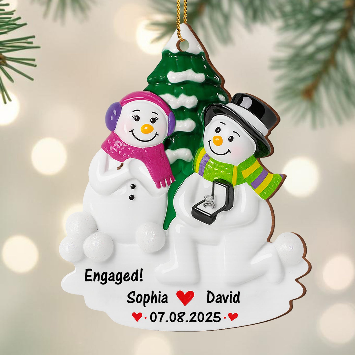 Engaged Snowmen With Christmas Tree Ornament