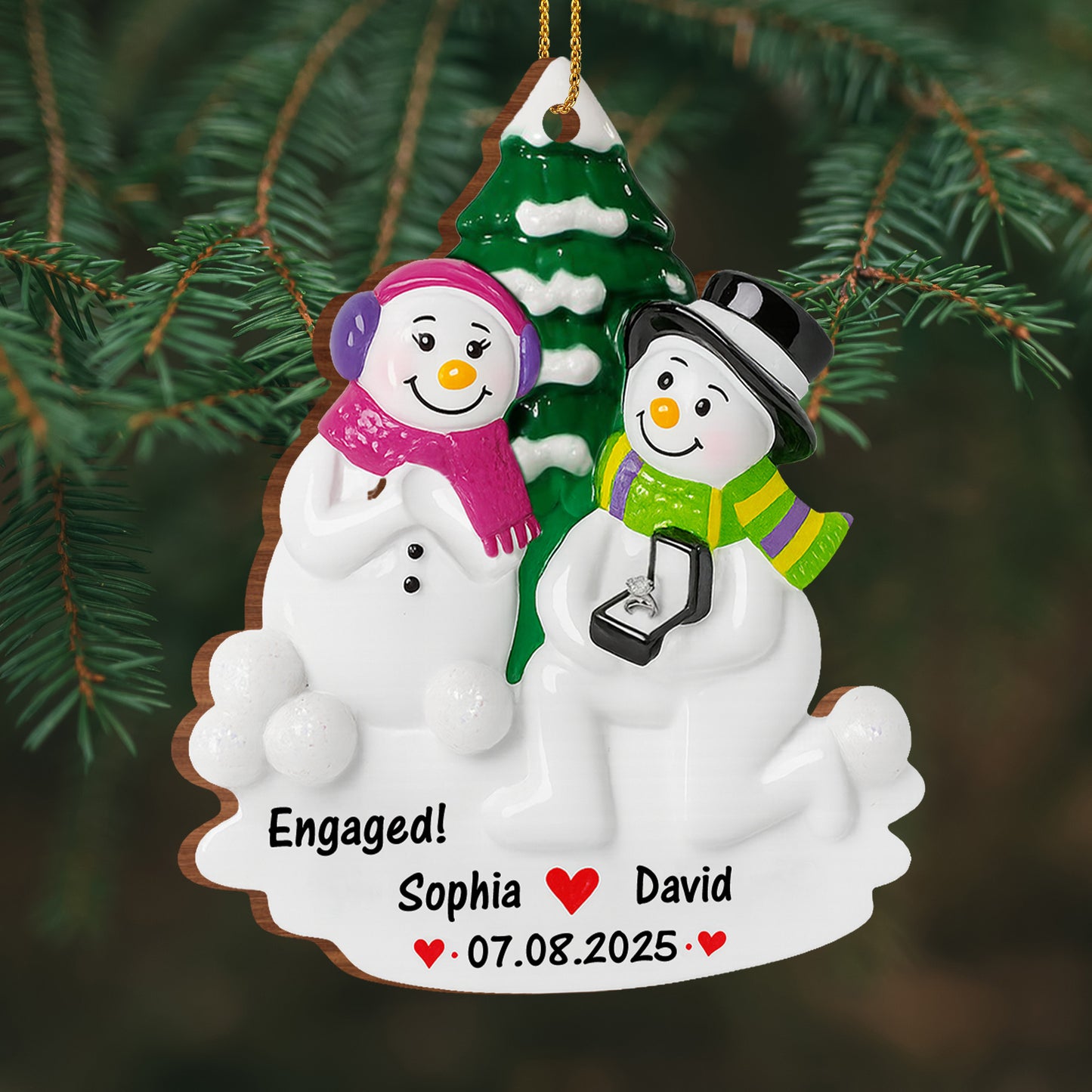 Engaged Snowmen With Christmas Tree Ornament