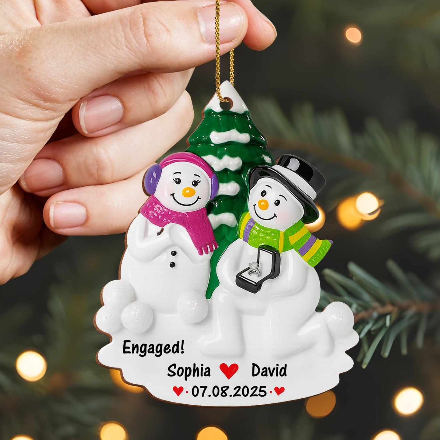 Engaged Snowmen With Christmas Tree Ornament