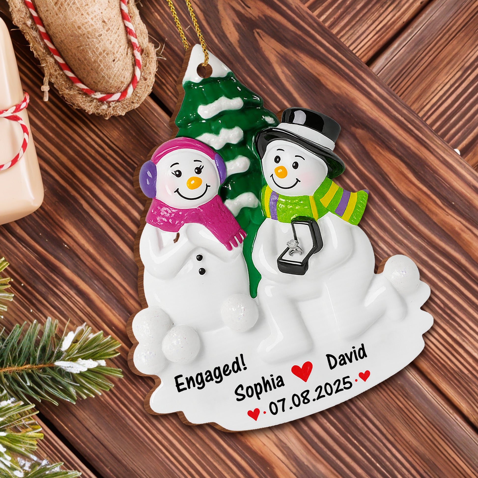 Engaged Snowmen With Christmas Tree Ornament