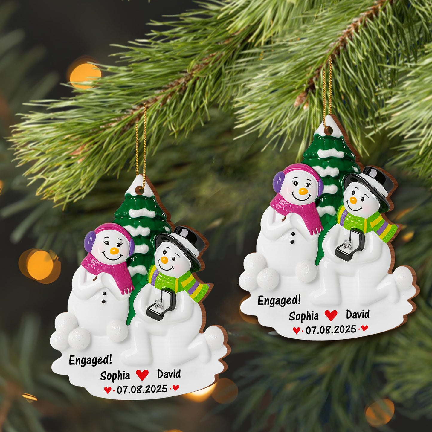 Engaged Snowmen With Christmas Tree Ornament