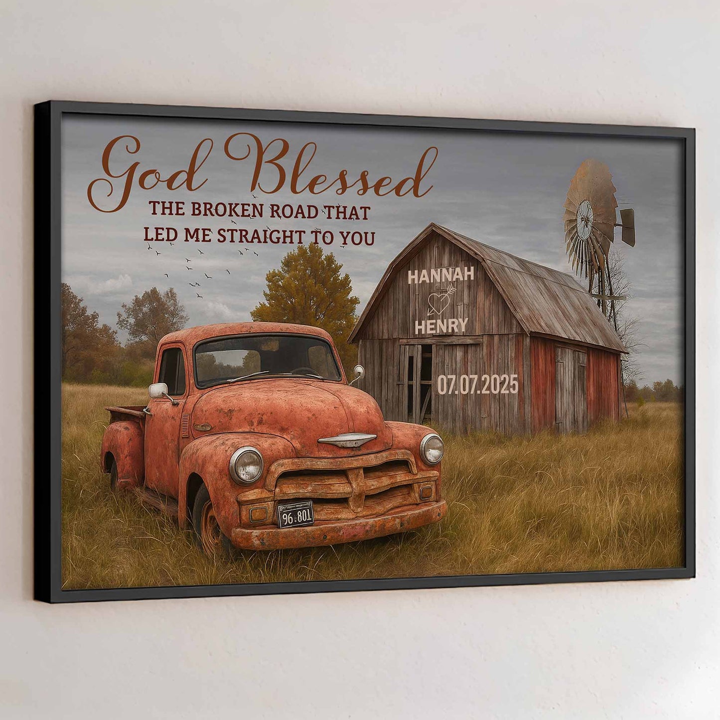 God Blessed The Broken Road, Vintage Car And Barn