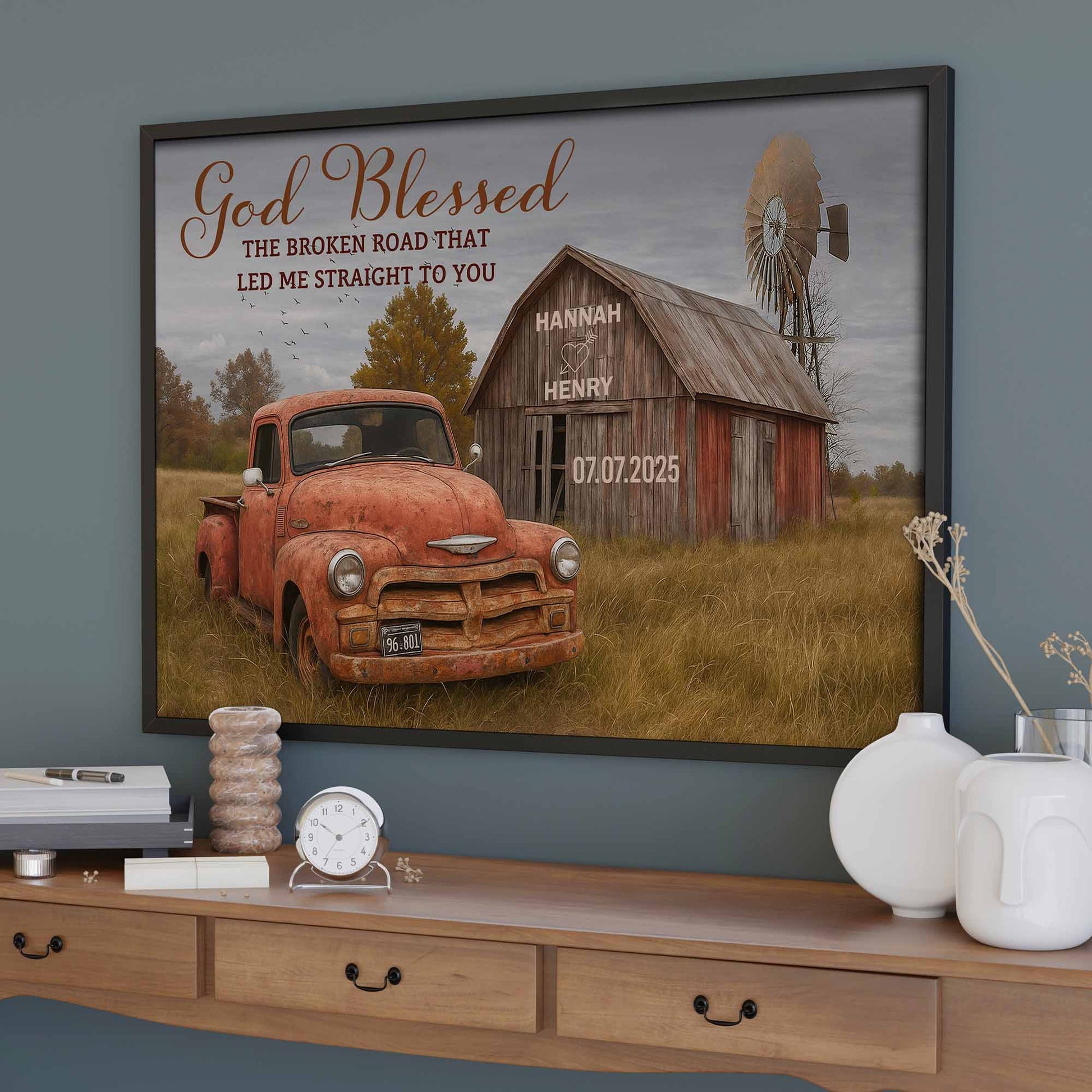 God Blessed The Broken Road, Vintage Car And Barn