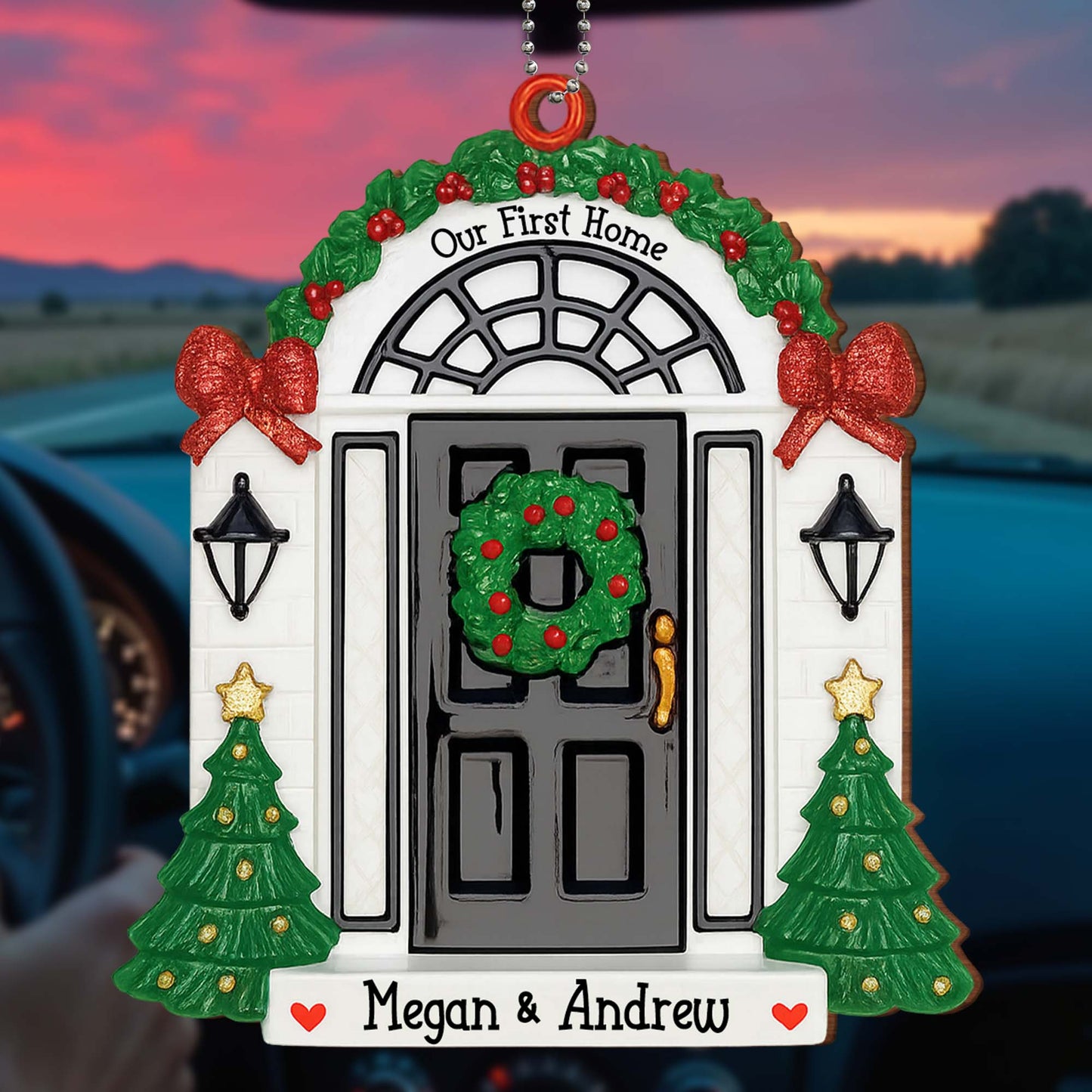 Our First Home With Christmas Wreath and Trees