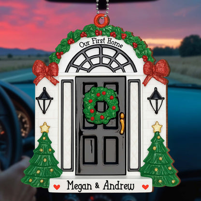 Our First Home With Christmas Wreath and Trees