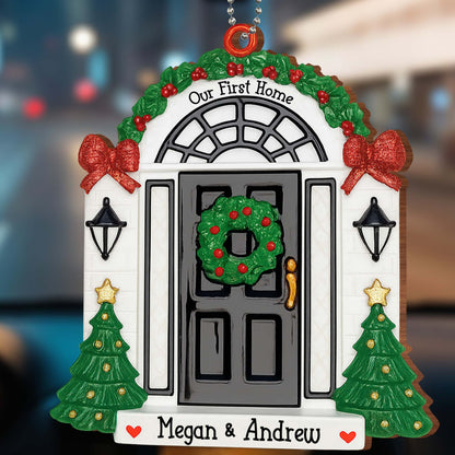 Our First Home With Christmas Wreath and Trees