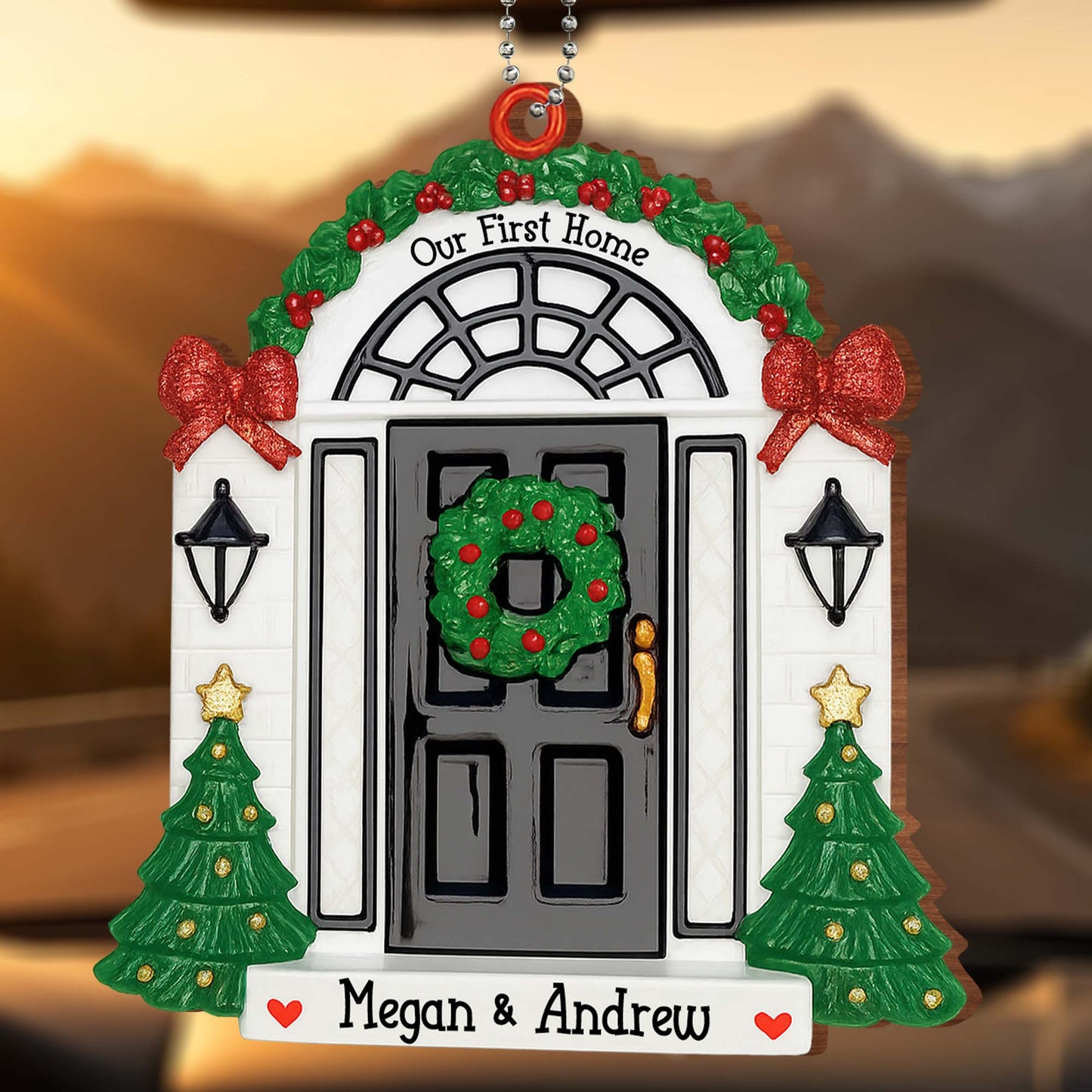 Our First Home With Christmas Wreath and Trees