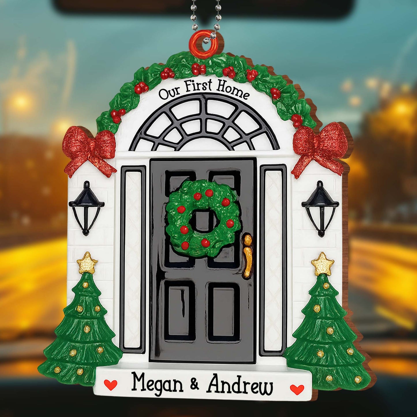 Our First Home With Christmas Wreath and Trees