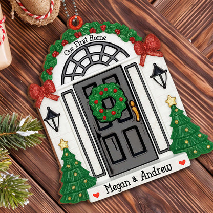 Our First Home With Christmas Wreath and Trees