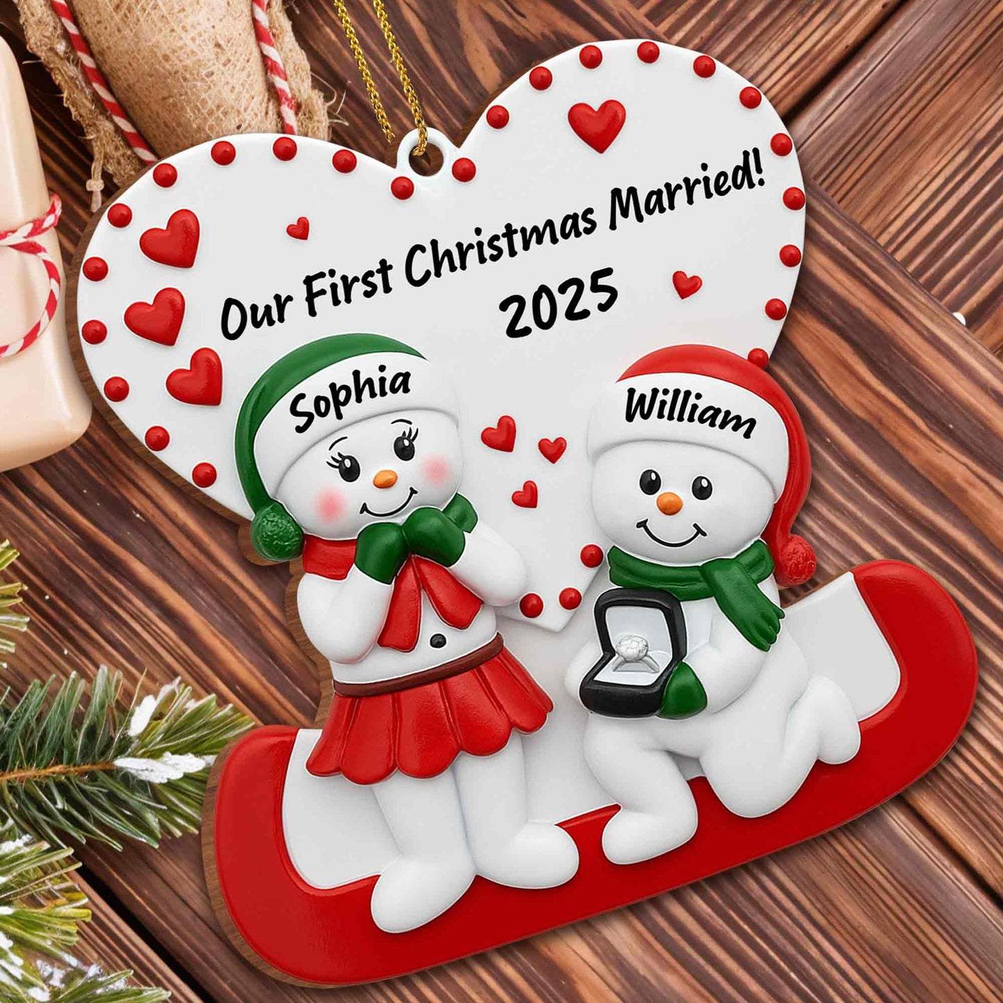 Our First Christmas Married With Snowmen and Hearts