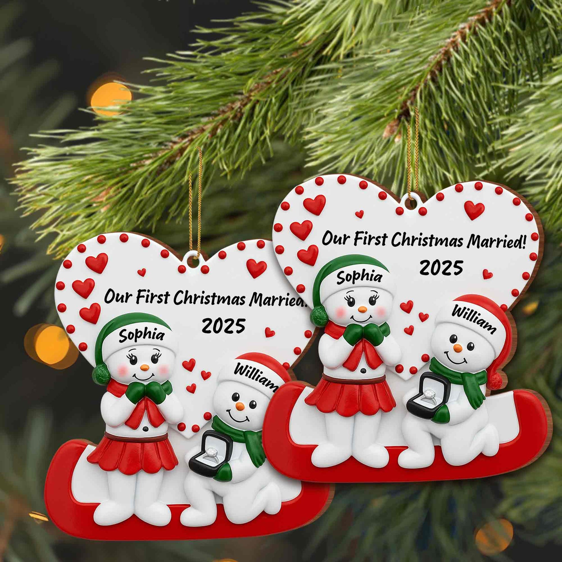 Our First Christmas Married With Snowmen and Hearts