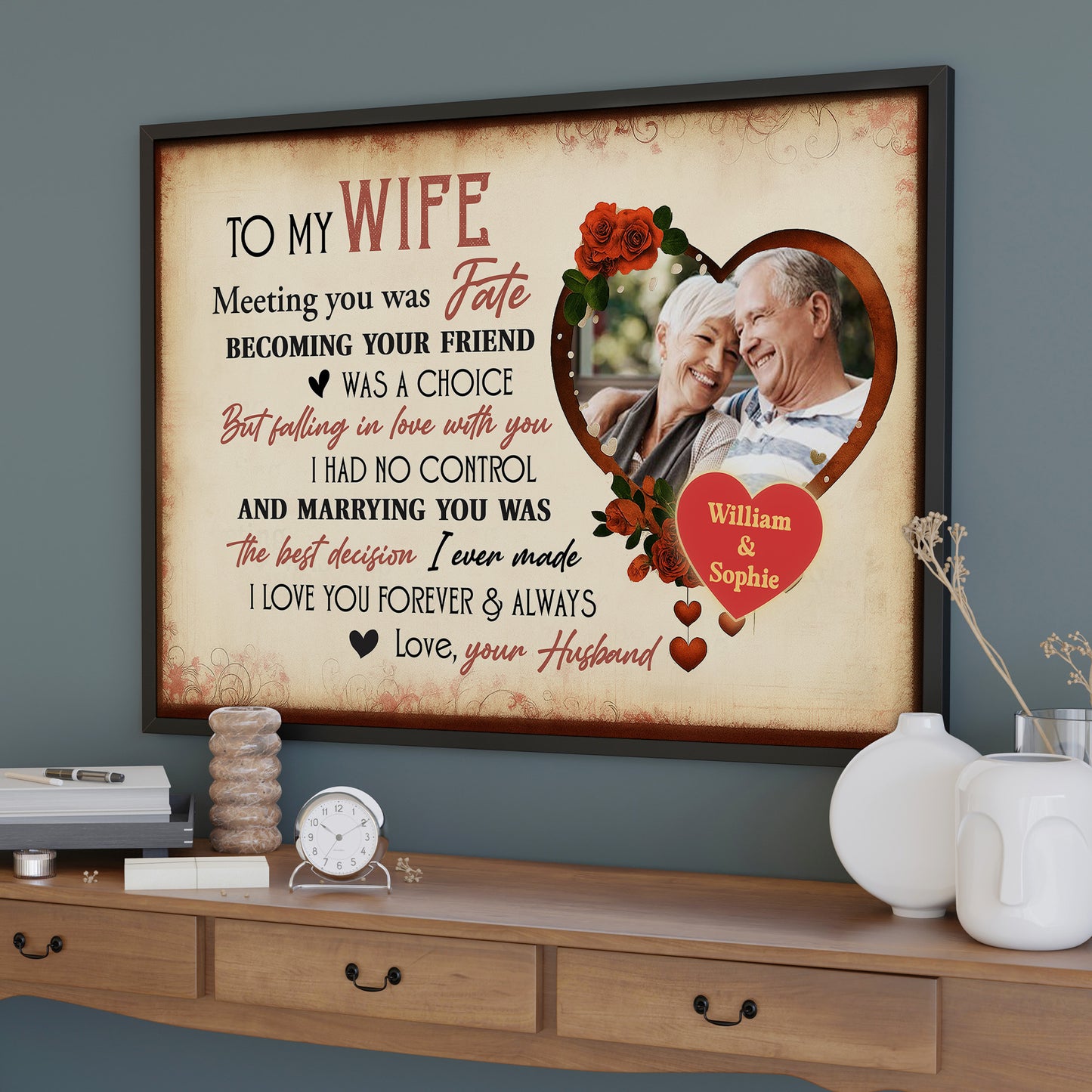 To My Husband, Meeting You Was Fate, With Roses And Heart - Personalized Custom Horizontal Poster - CPL474_HPOS