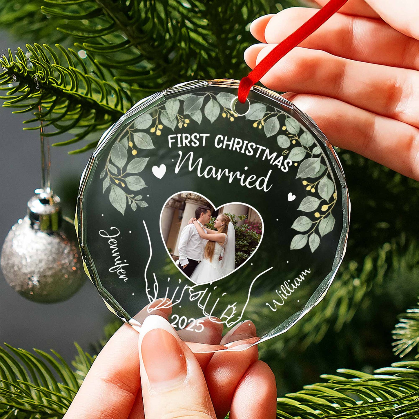 First Christmas Married Featuring Leaves And Heart