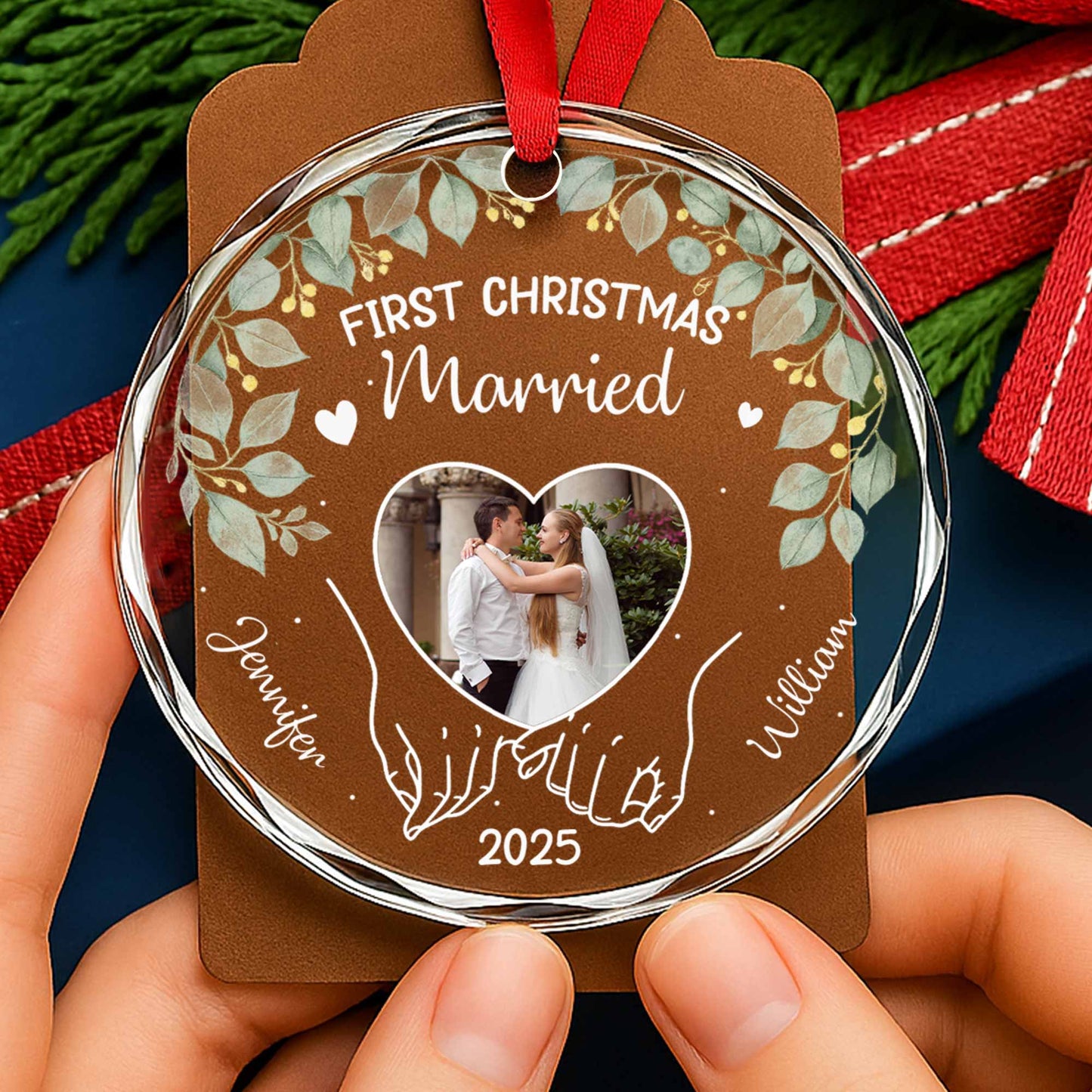 First Christmas Married Featuring Leaves And Heart