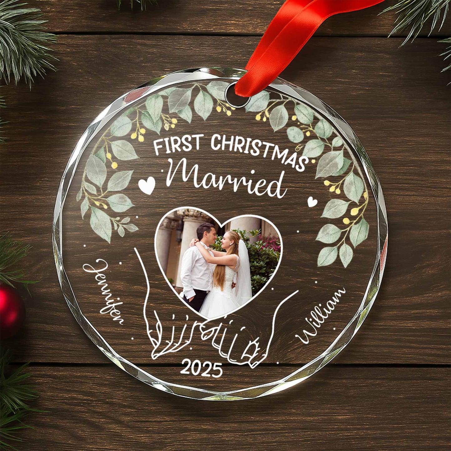 First Christmas Married Featuring Leaves And Heart
