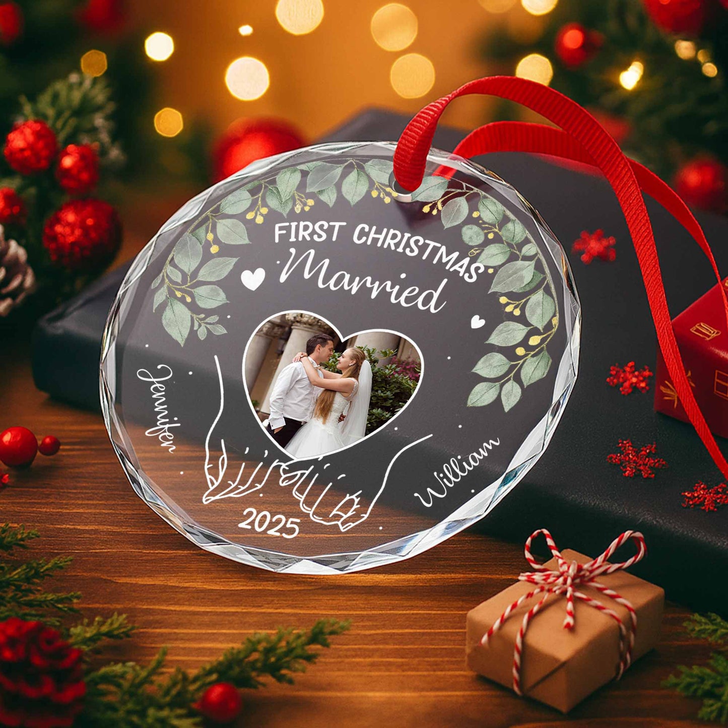 First Christmas Married Featuring Leaves And Heart