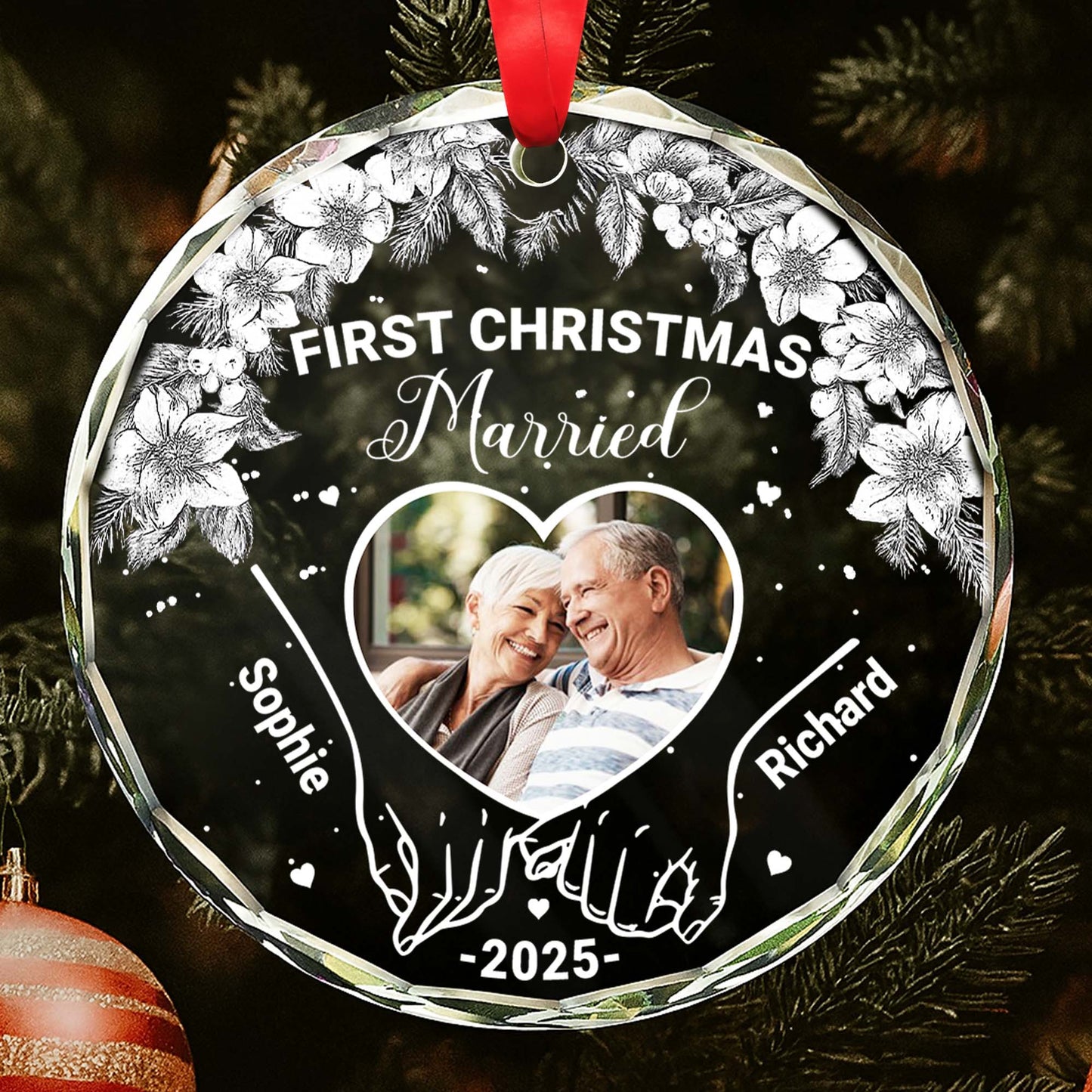 First Christmas Married With Pinecones And Flowers