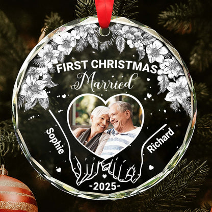 First Christmas Married With Pinecones And Flowers