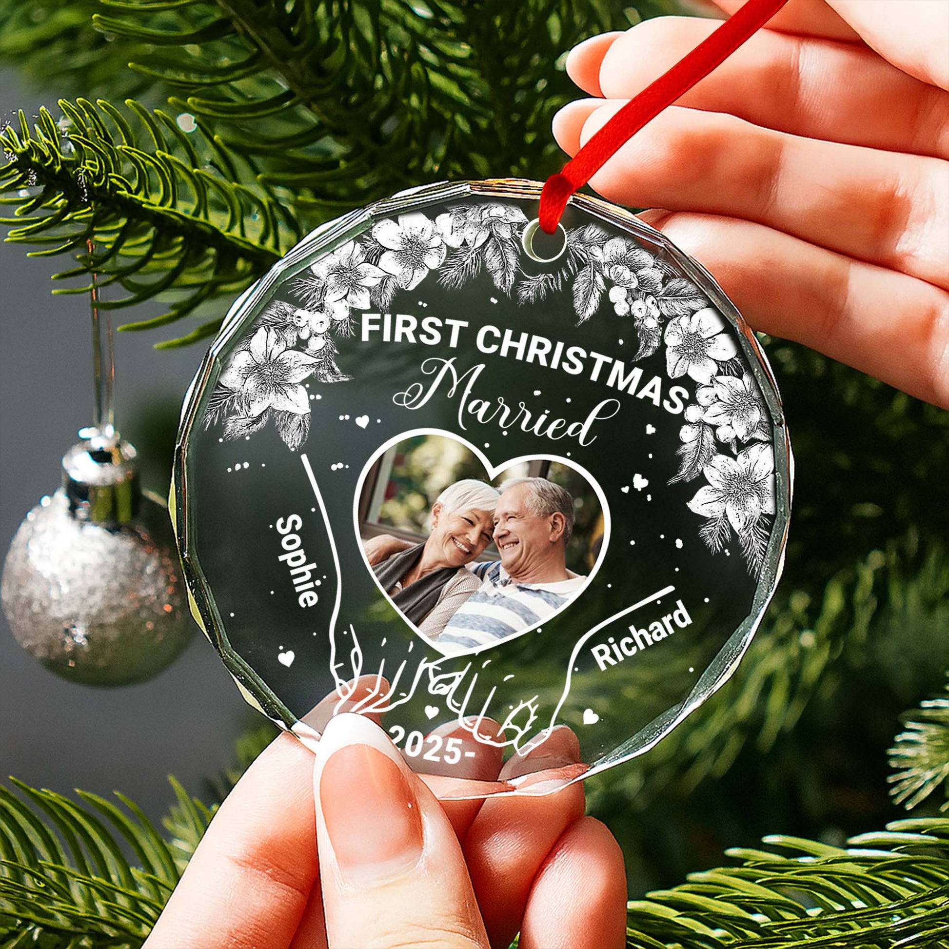 First Christmas Married With Pinecones And Flowers