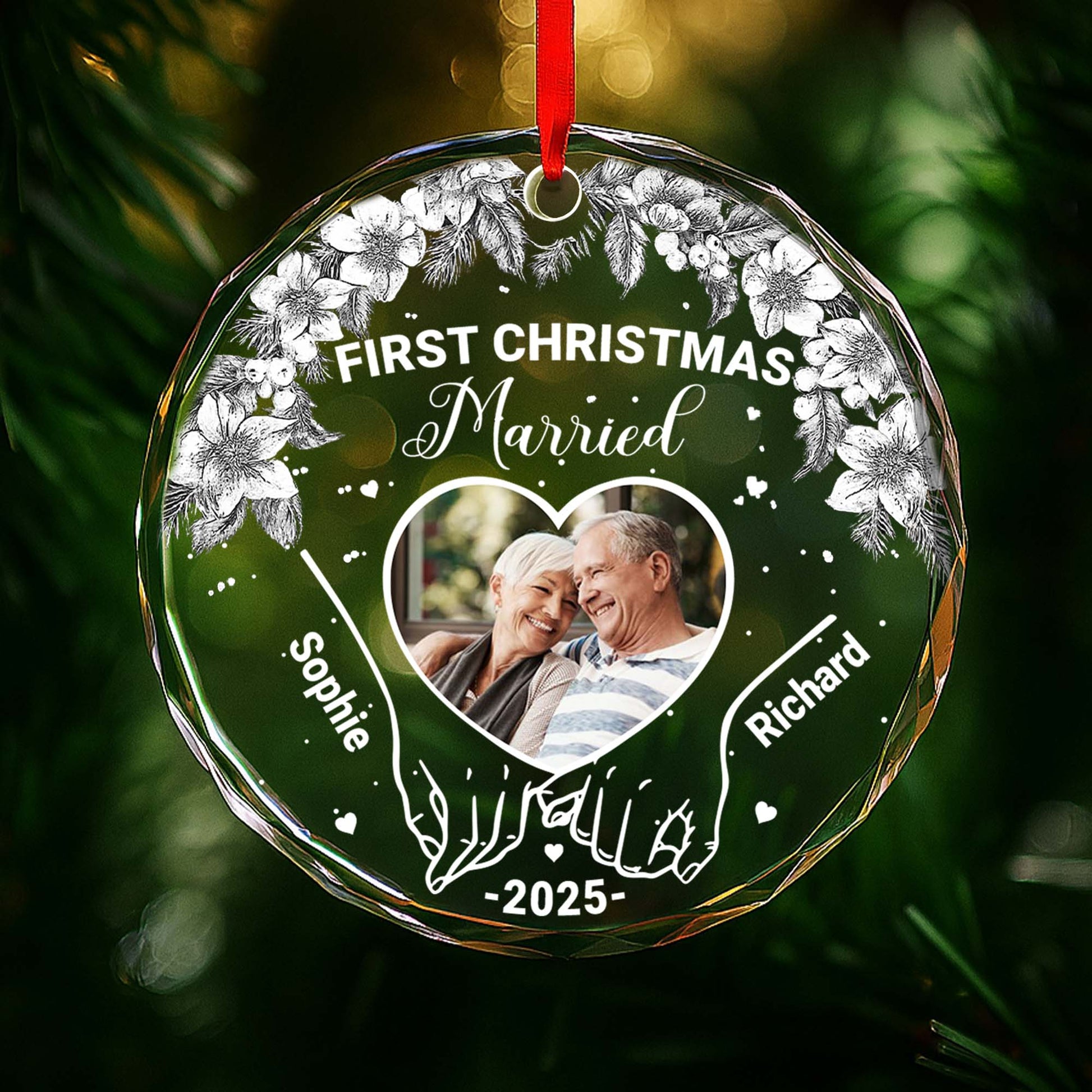 First Christmas Married With Pinecones And Flowers