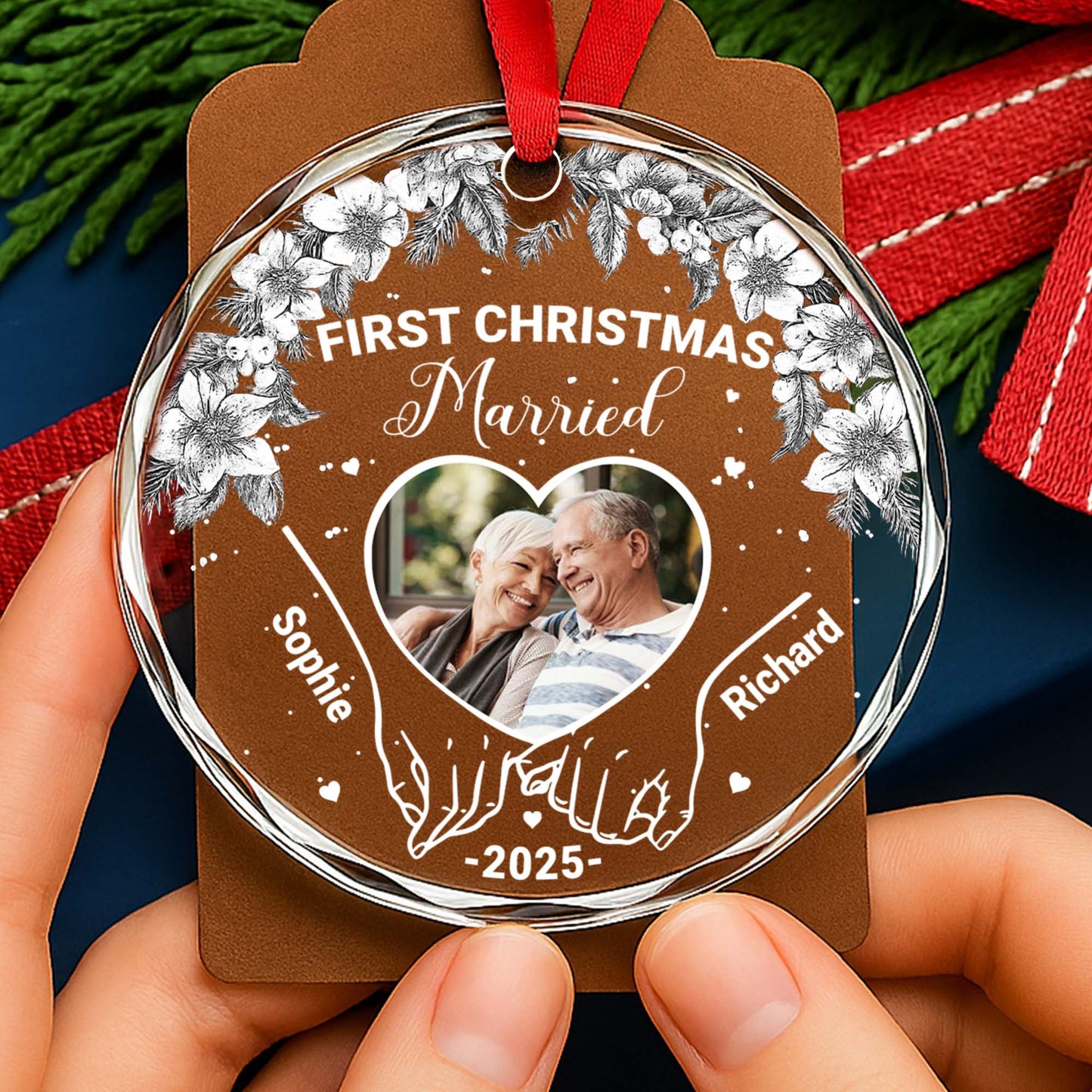 First Christmas Married With Pinecones And Flowers