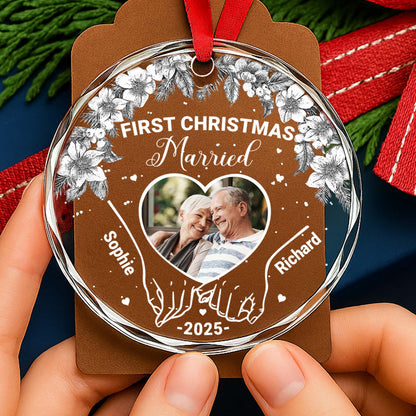 First Christmas Married With Pinecones And Flowers