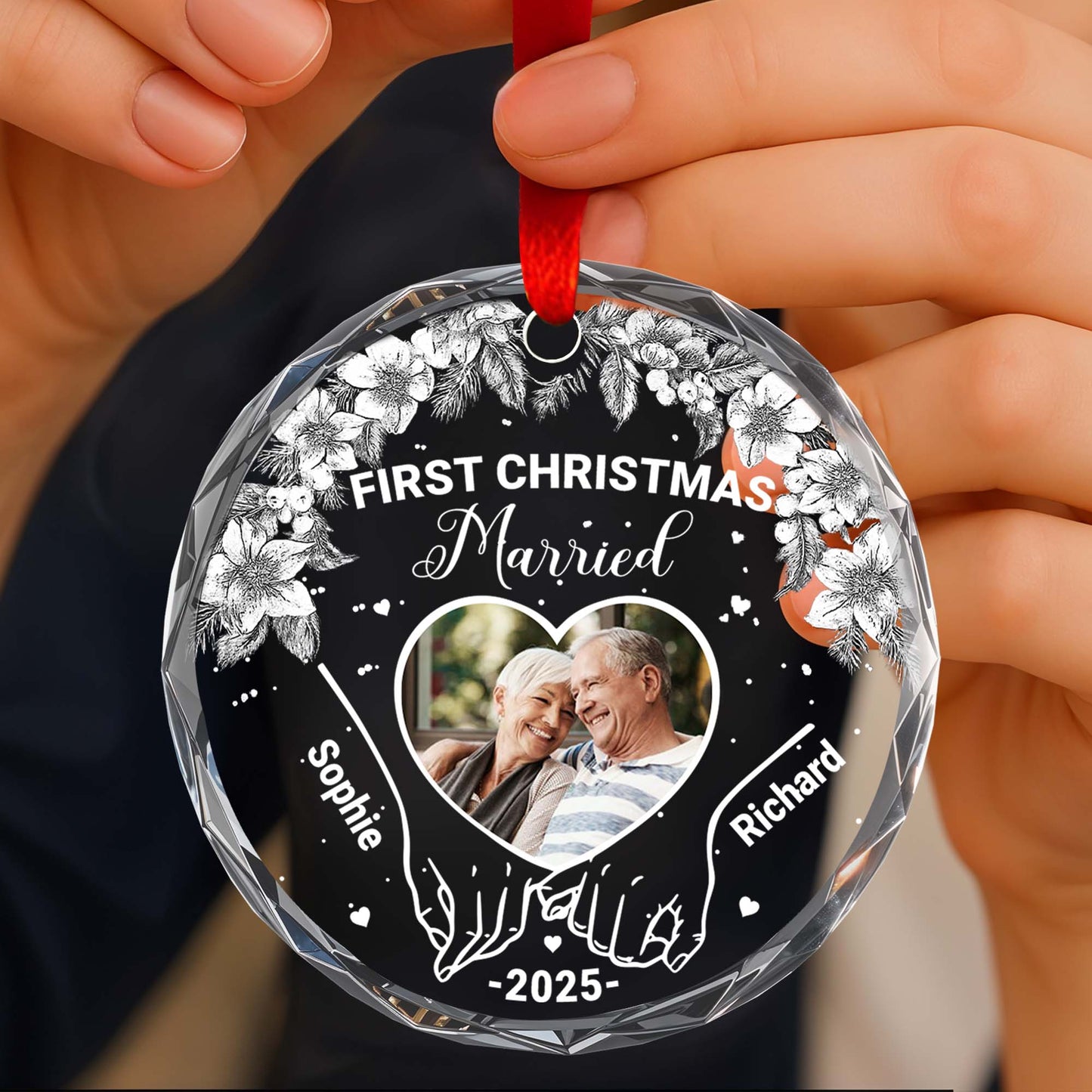 First Christmas Married With Pinecones And Flowers