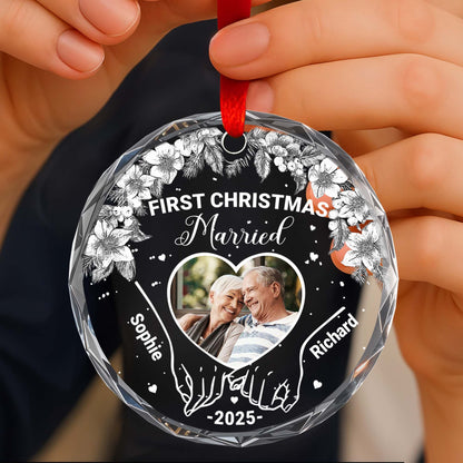 First Christmas Married With Pinecones And Flowers